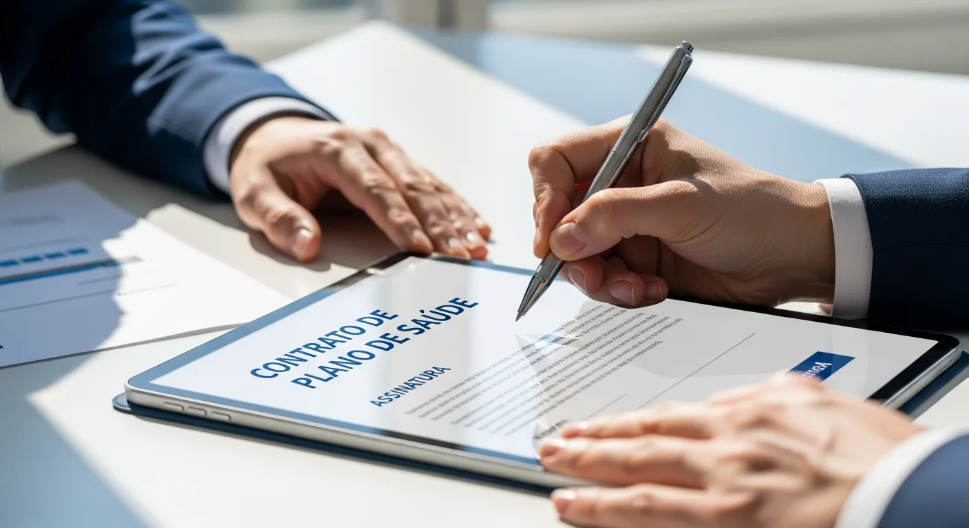 Pessoa assinando contrato digital de plano de saúde com caneta sobre tablet, simbolizando a contratação de convênio médico.