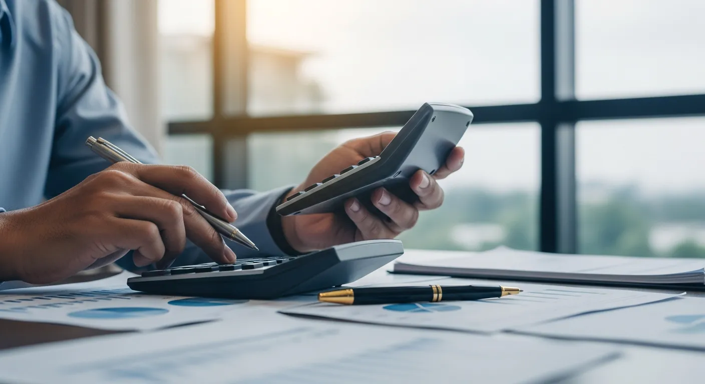 Pessoa calculando valores de planos de saúde em São Paulo, durante cotação online com calculadora e documentos sobre a mesa.