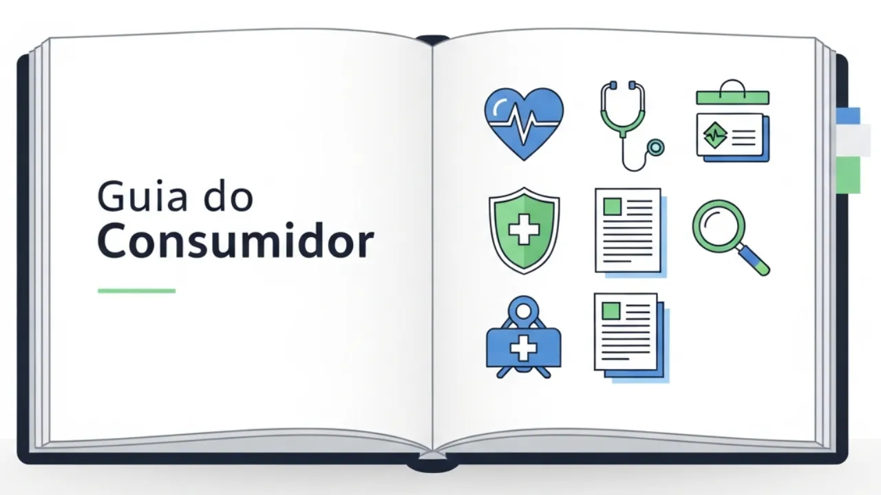 Ilustração de um livro aberto com ícones de saúde representando o Guia do Consumidor de planos de saúde em São Paulo.