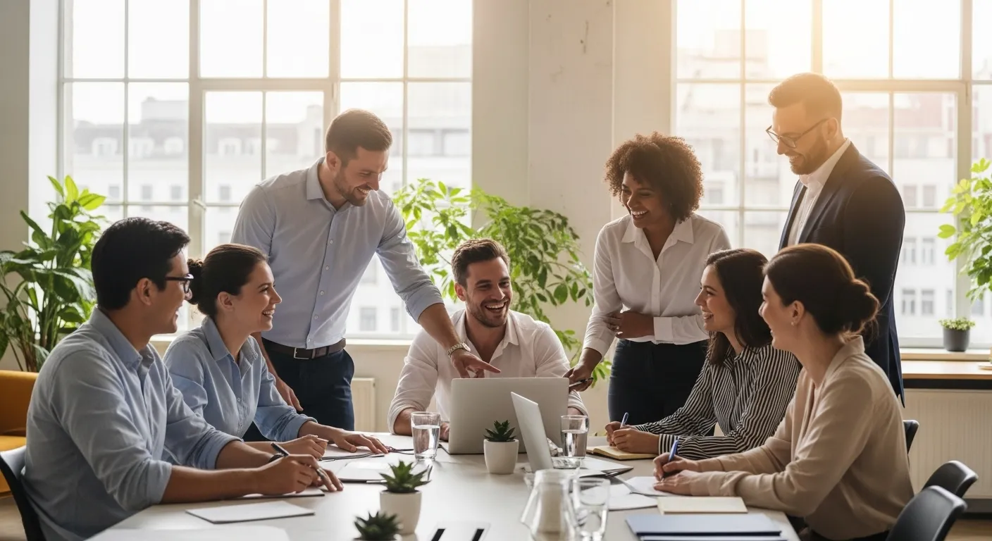 Equipe de trabalho diversa e sorrindo em um escritório moderno, destacando a importância de um plano de saúde empresarial para colaboradores.