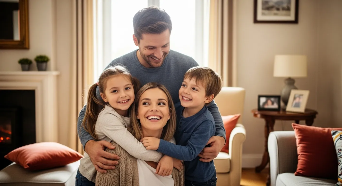 Família feliz e unida, com pais e duas crianças se abraçando, representando a segurança e proteção de um plano de saúde familiar.