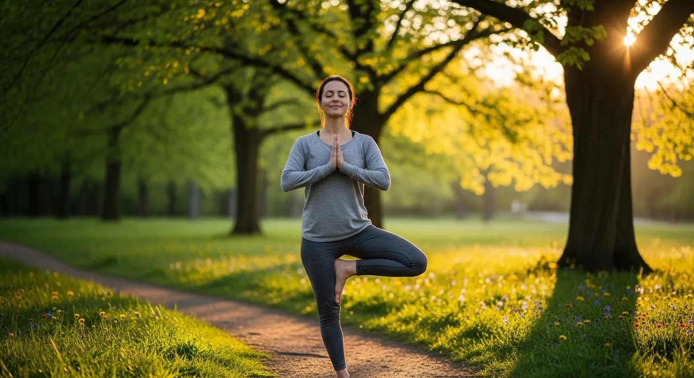 Mulher sorrindo e praticando yoga ao ar livre, transmitindo bem-estar e autocuidado com um plano de saúde individual.