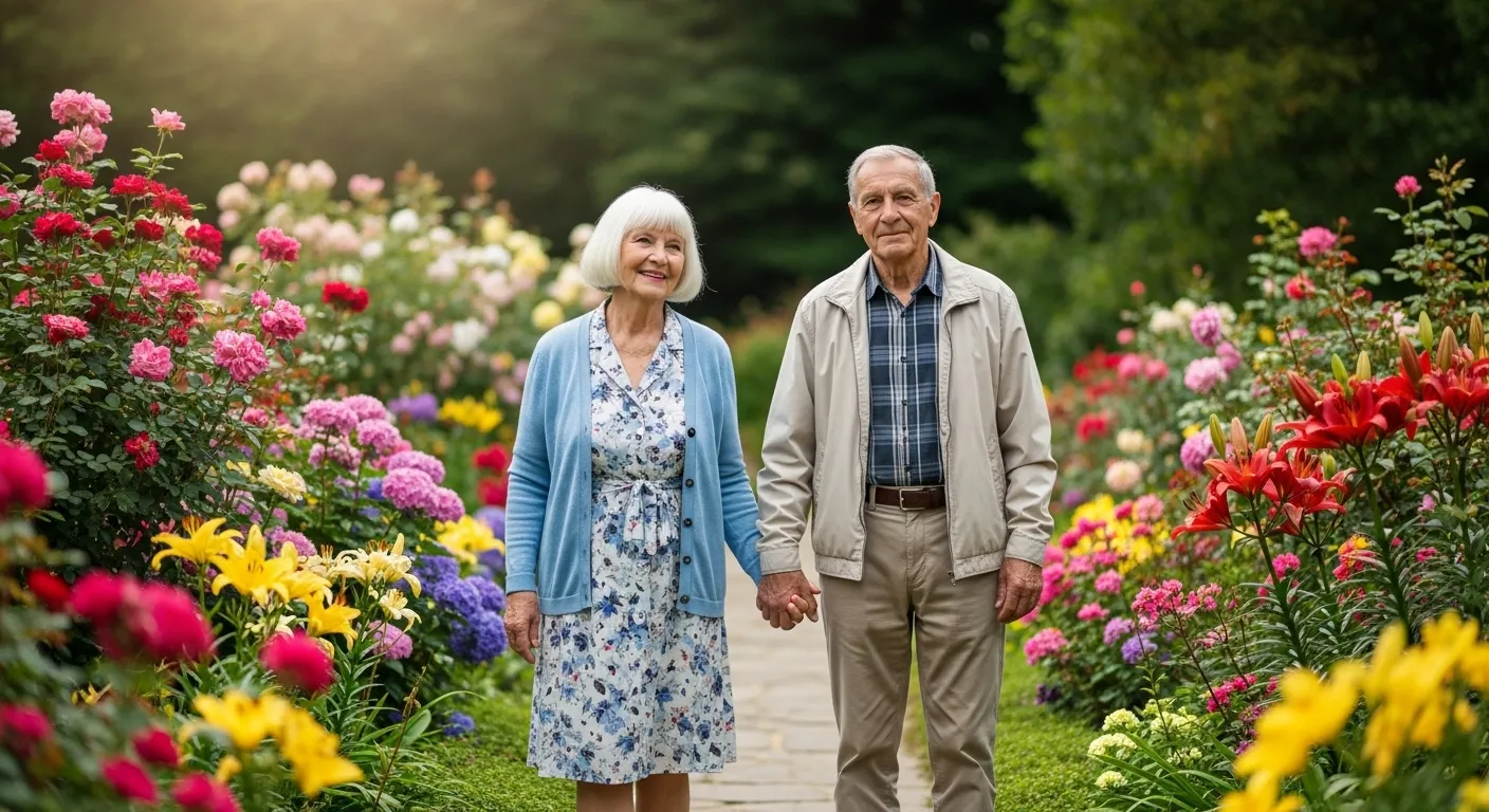 Casal de idosos, de mãos dadas, passeando em um parque, simbolizando vitalidade e tranquilidade com um plano de saúde para a terceira idade.